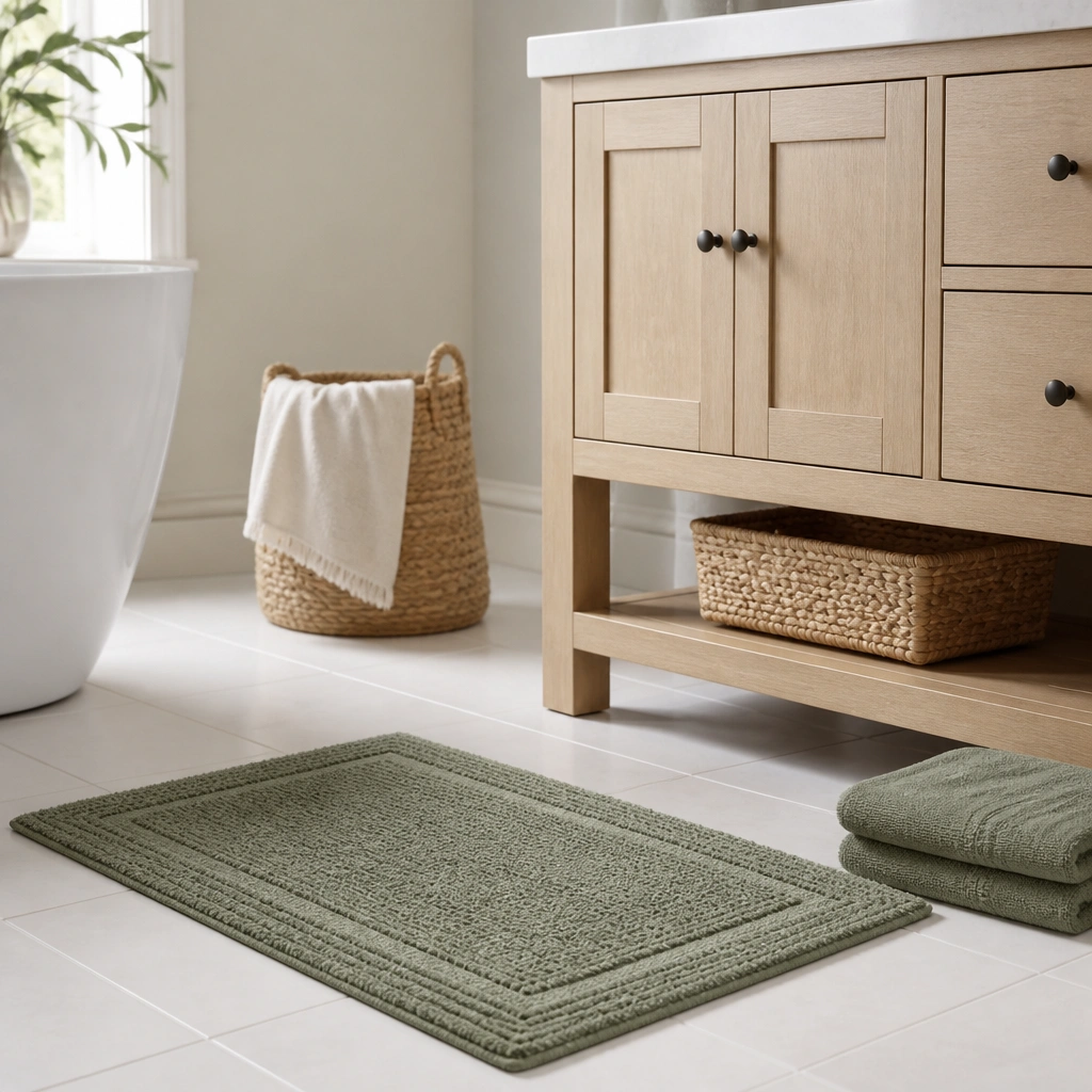 A white bathroom floor with a small sage-green bath mat, a folded green hand towel, and a simple woven basket beside a light wood vanity.