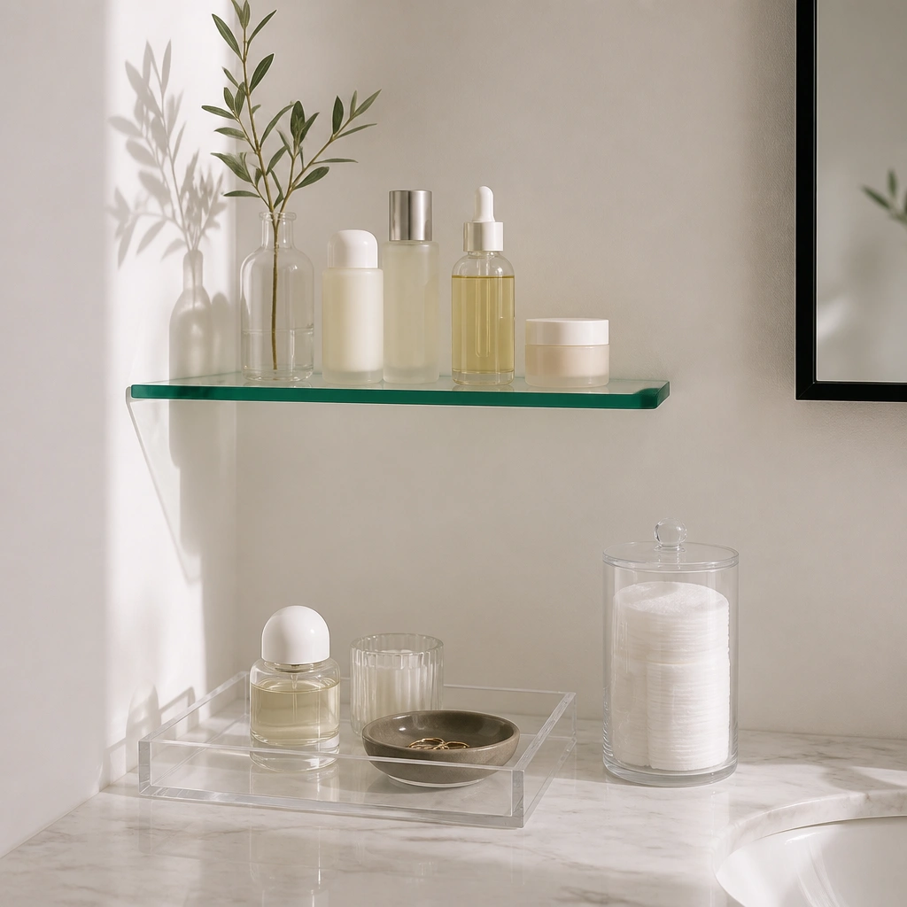 A minimalist bathroom corner with a small green glass shelf holding neatly arranged bottles, plus an acrylic tray on the counter and a clear canister for cotton pads.