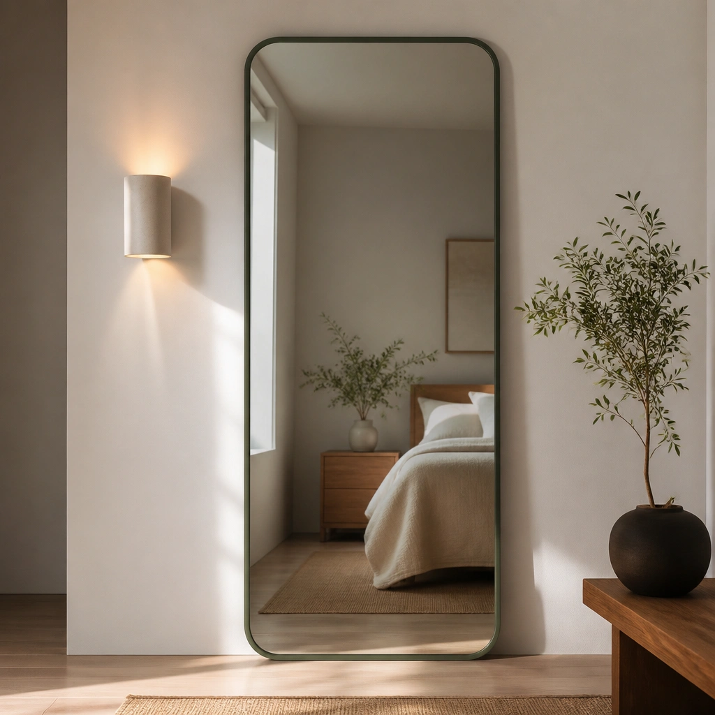 A tall, frameless-looking mirror with a matte dark green frame, a white wall behind it, and a simple wall sconce casting warm light.