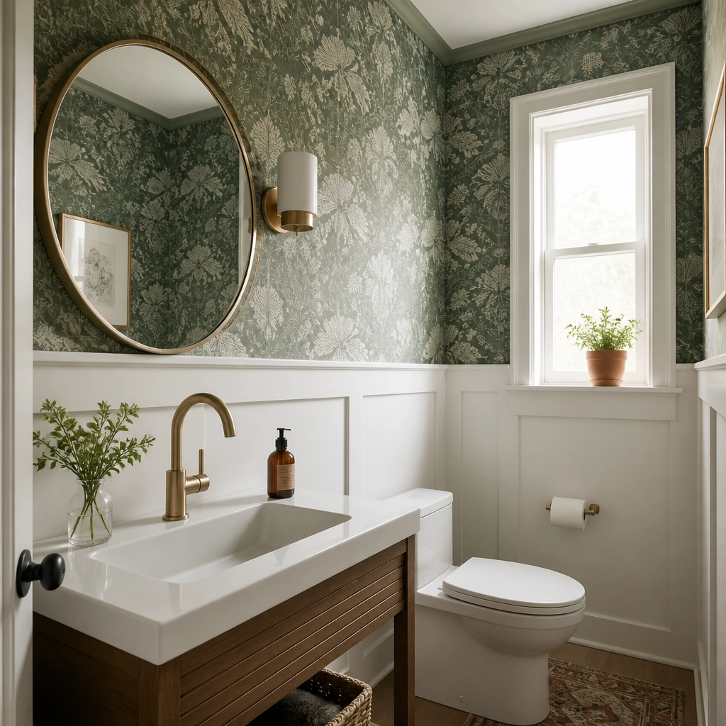 A small bathroom with green wallpaper applied to the upper wall/ceiling border, crisp white lower walls, a modern faucet, and a round mirror.