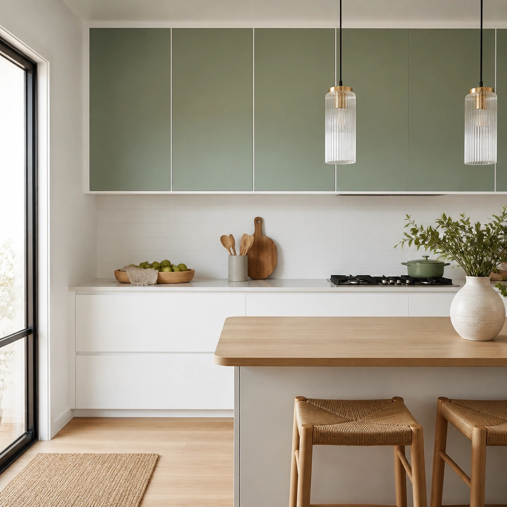 A modern kitchen with sage-green upper cabinets and bright white lower cabinets, all doors featuring flat-panel fronts. Slim white trim lines frame the cabinet boxes, with a light wood floor and a simple white backsplash.