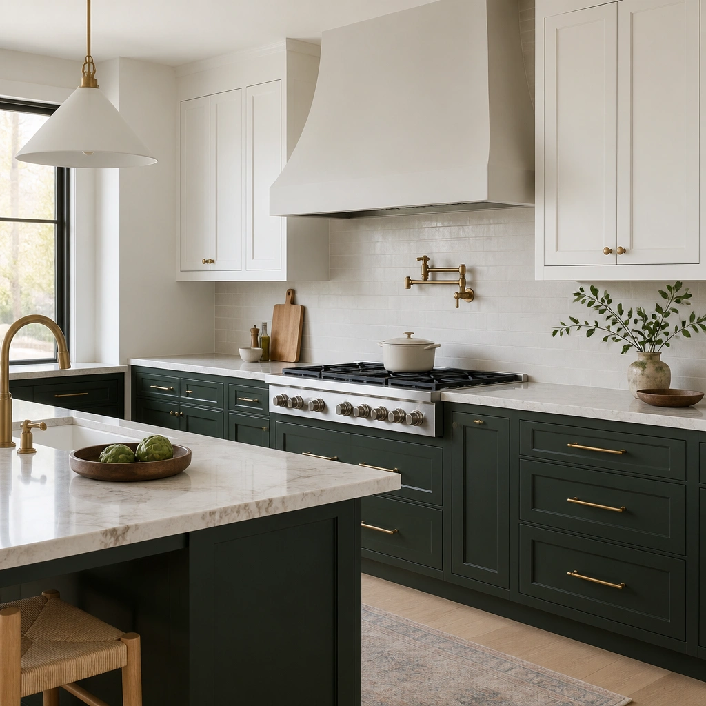 A contemporary kitchen showing deep forest-green lower cabinets with paneled drawer fronts and white upper cabinets. The backsplash is a light neutral tile, and the countertops are a pale stone with subtle veining.