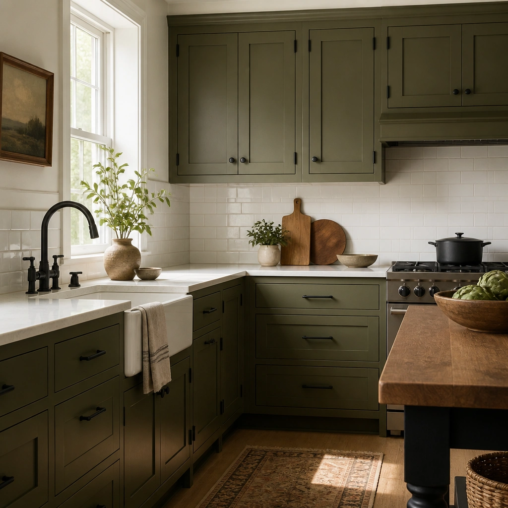 An updated kitchen where olive-green cabinets (upper and lower) are paired with off-white walls. Matte black pulls and hinges are visible, and the backsplash is a simple white subway tile.