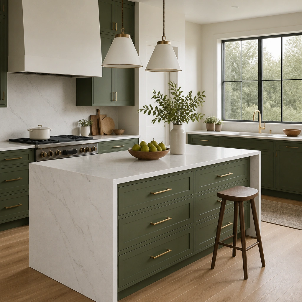 A kitchen with green base cabinets around the perimeter and a white island with green drawer fronts. The island has a waterfall-style panel on the side and a light countertop with a subtle gray pattern.
