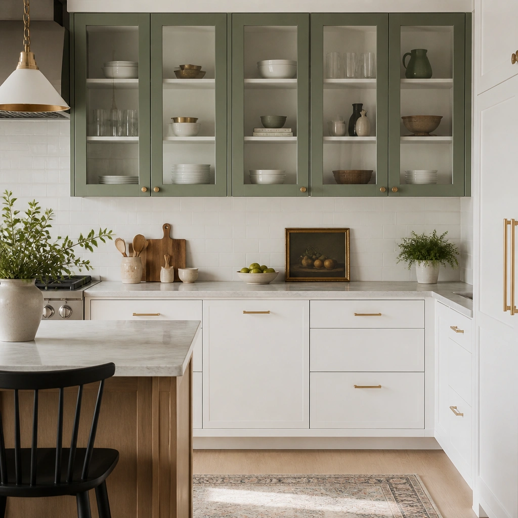 A modern kitchen with white upper cabinets featuring green-painted frames around glass doors. Inside, you can see neatly placed dishware. The lower cabinets are solid white with minimalist handles.