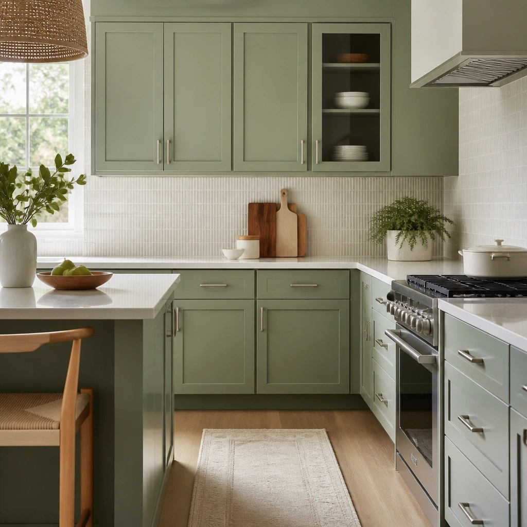 A kitchen with sage-green shaker cabinets and crisp white quartz countertops. The backsplash is a thin, neutral strip tile, and the cabinet pulls are brushed nickel.