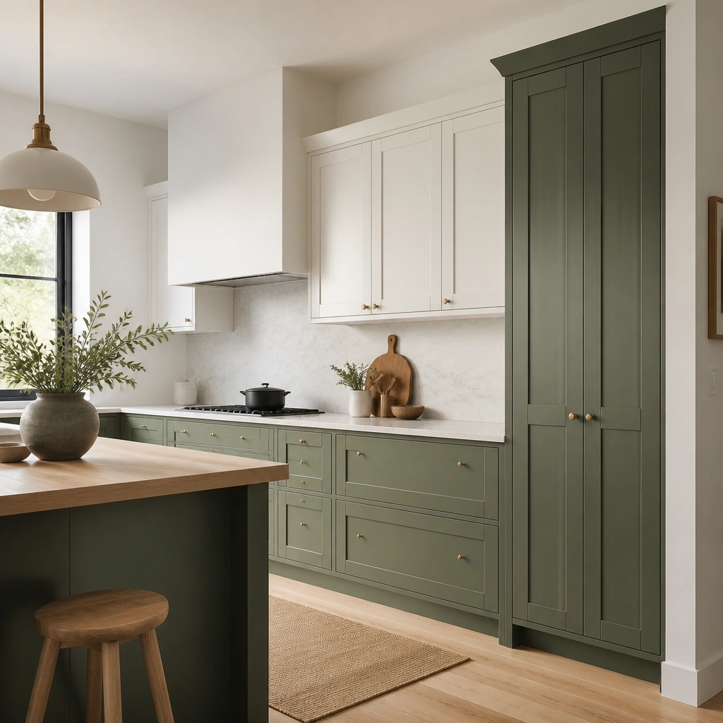 A kitchen layout with green base cabinets, white upper cabinets, and a full-height pantry column finished in green. The pantry has vertical panel doors and minimal hardware.