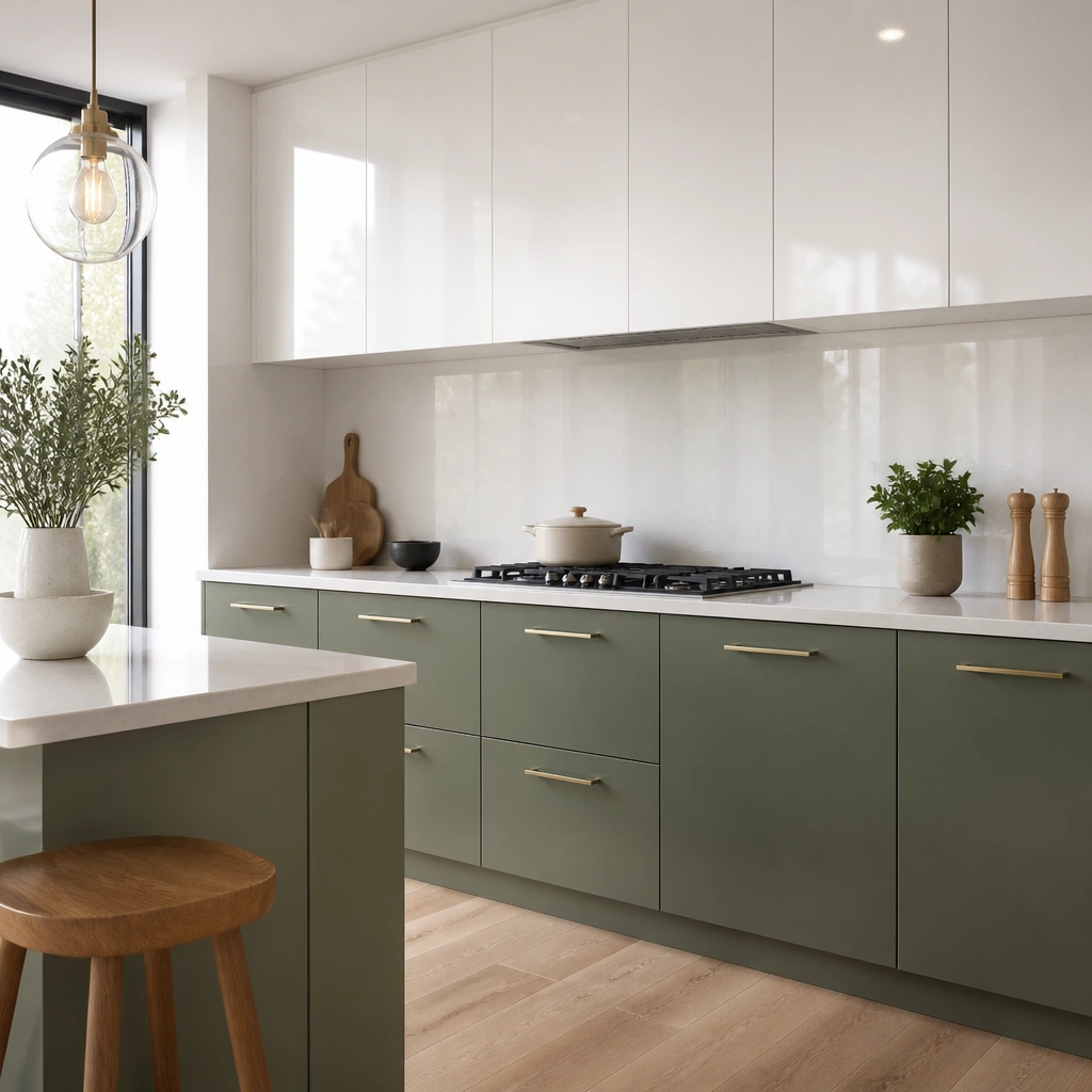 A sleek modern kitchen with high-gloss white upper cabinets and satin-finish green lower cabinets. The backsplash is a glossy white slab, and the countertops are light with a smooth finish.