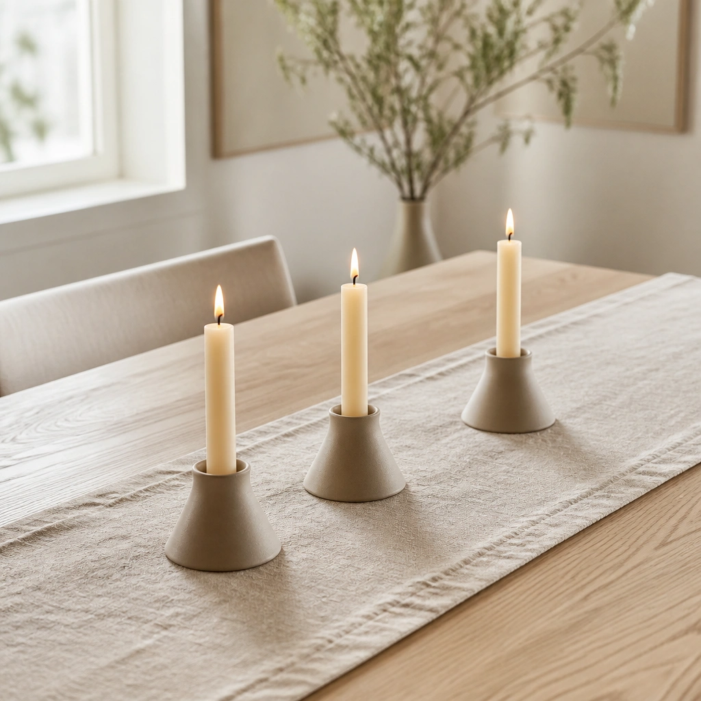 A neutral linen table runner with three short taper candles in matte stoneware holders, arranged in a straight line on a light wood table.