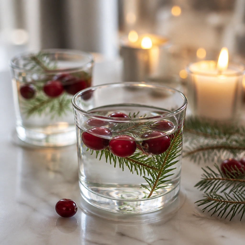 Clear glass votive cups filled with water, with small pine tips and a few cranberries floating inside; soft candlelight in the background.