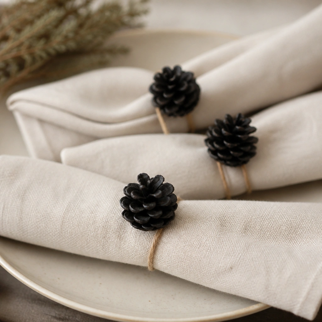 Folded napkins in oat color, each secured with a minimalist napkin ring made from a black-painted pinecone and a thin twine loop.