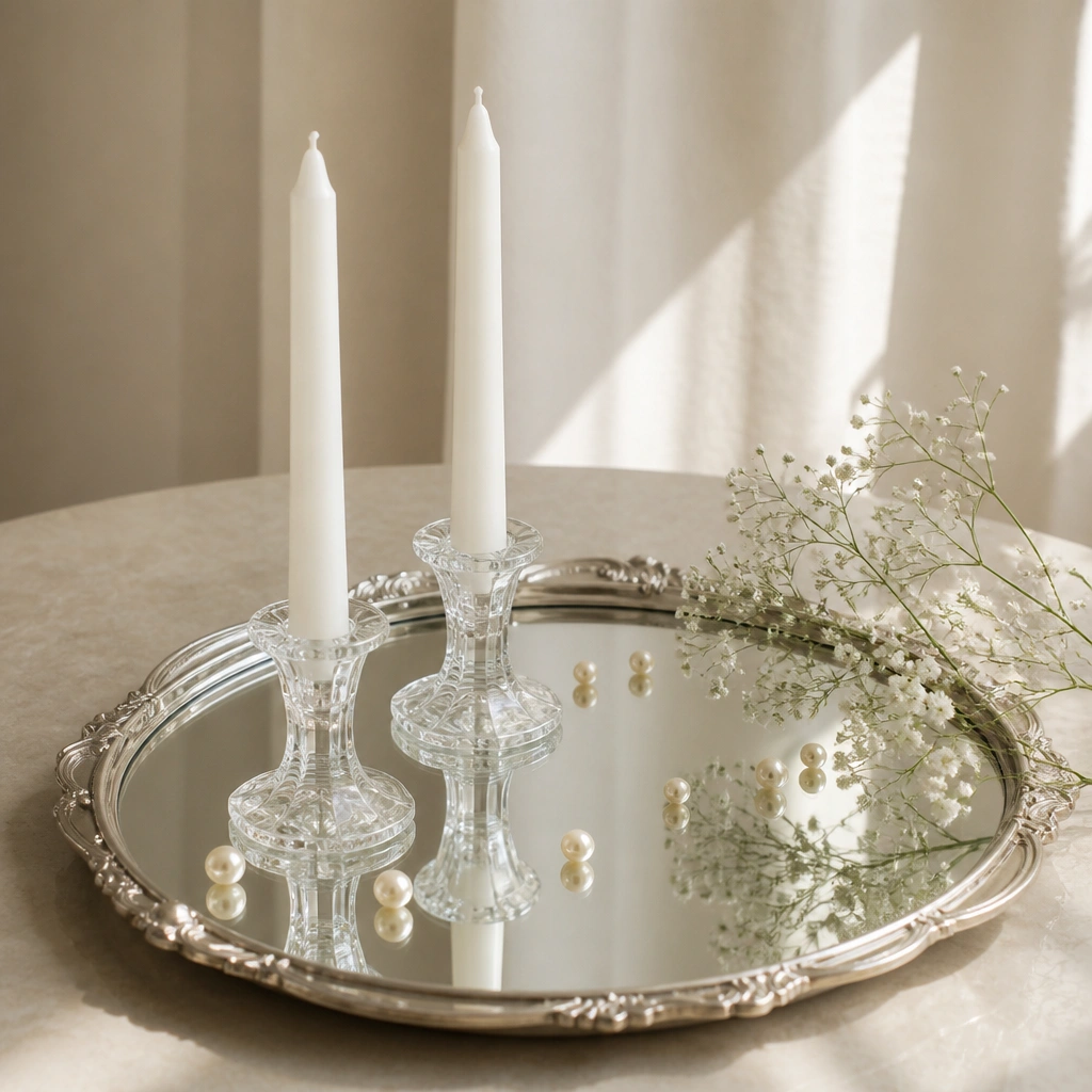 A mirrored silver tray holding two matte white taper candles and a few scattered faux pearls or small beads.