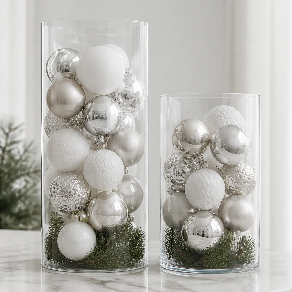 Two clear acrylic cylinders filled with monochrome ornaments (white and silver) and a few pine needles at the bottom.