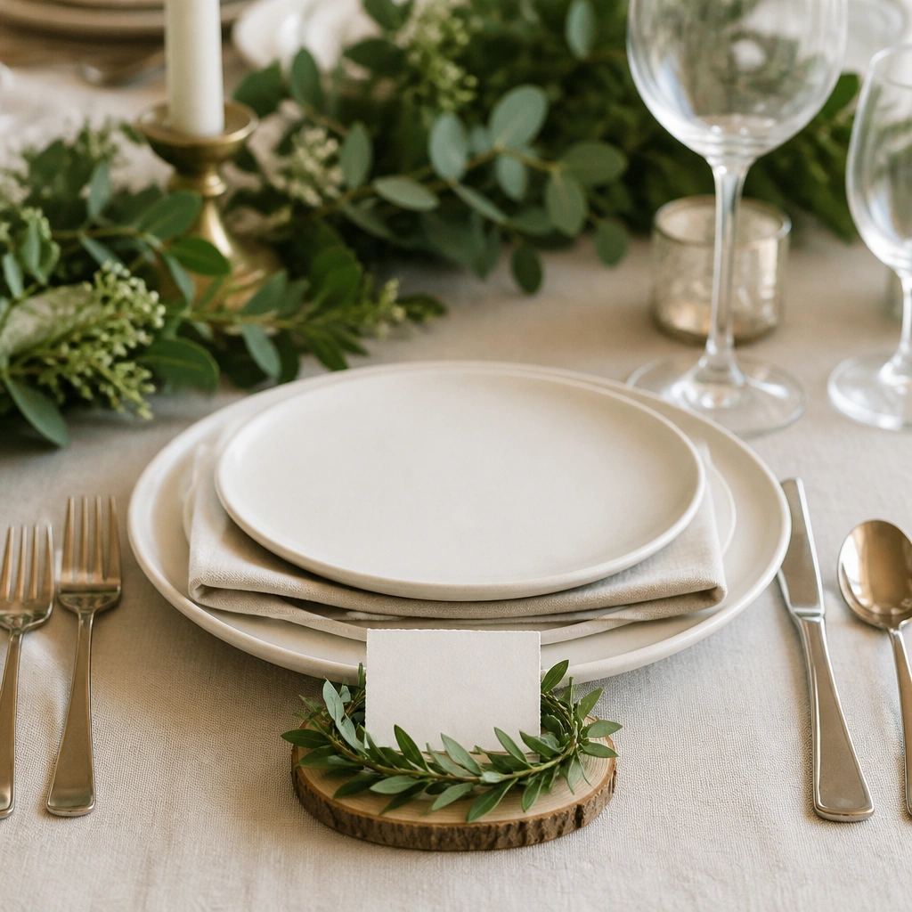 A thin wreath slice (flat wooden disk with greenery) placed in front of the plates, with small minimal place cards on top.