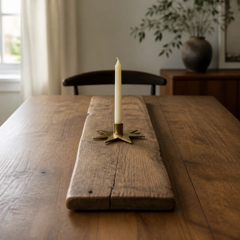 A long wood slab centered on the table, holding one brass star-shaped candle holder with a cream candle.