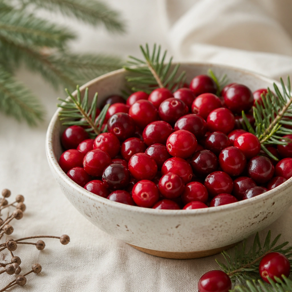 A shallow ceramic bowl filled with whole cranberries and a few evergreen sprigs, styled on a neutral tablecloth.