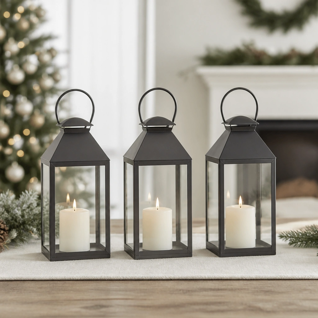 Three simple metal lanterns in a row on a runner, each with an unscented candle inside; background shows a clean holiday setting.