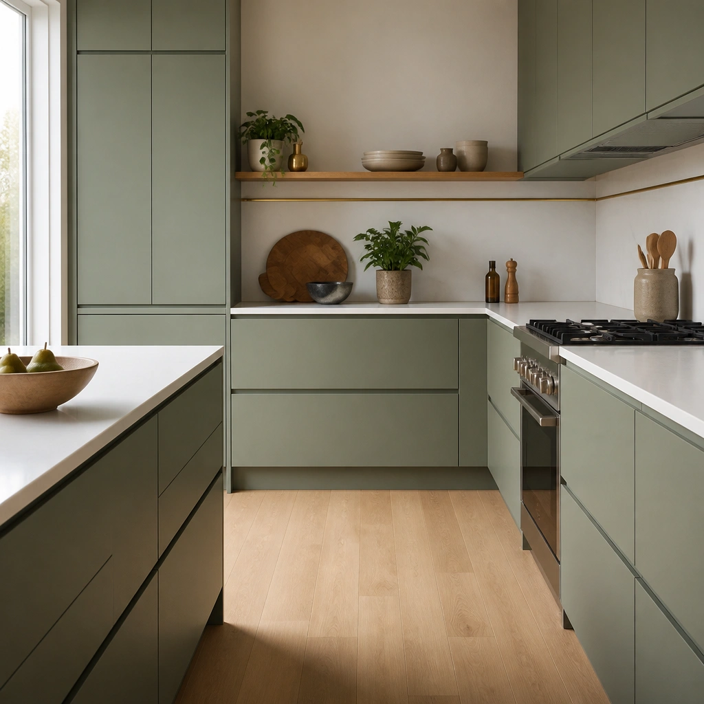 A modern kitchen with flat slab cabinet doors in a soft sage green, no visible knobs, with shallow finger-pull grooves. White quartz counters and a light oak floor sit underneath, and a narrow brass rail runs along the backsplash edge.