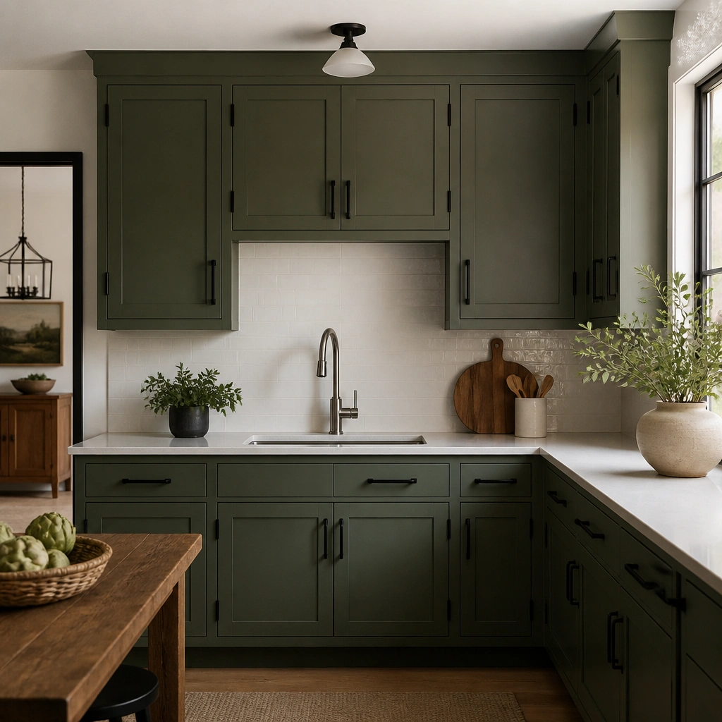 Kitchen cabinetry in deep olive green shaker style with simple recessed panels. Black bar pulls and matching black hinges are visible, with a white ceiling and a stainless faucet centered between cabinets.