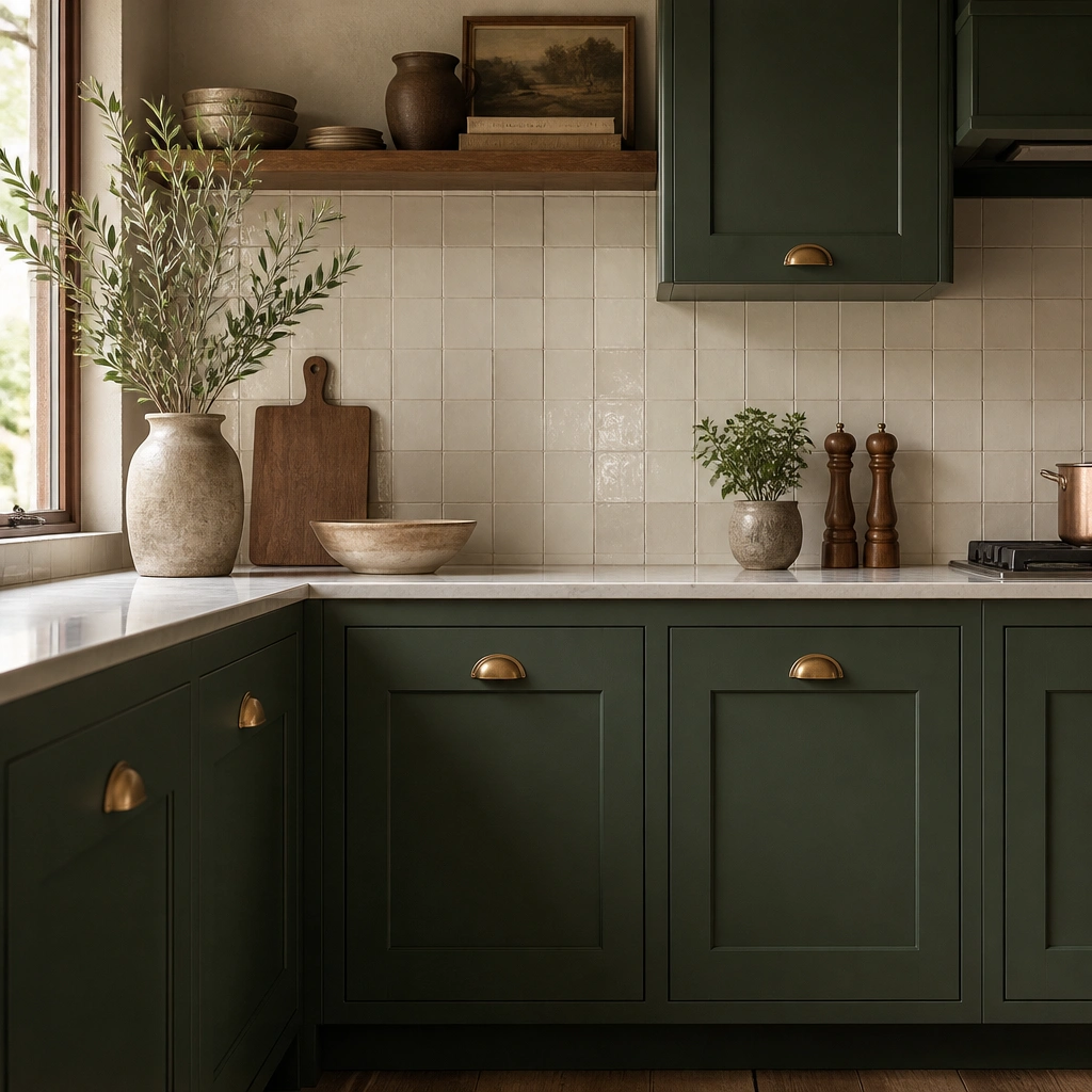 Inset cabinet doors in a rich forest green, set flush into the cabinet frames. Warm brass cup pulls sit centered on each door, and the backsplash is a light cream tile with subtle texture.