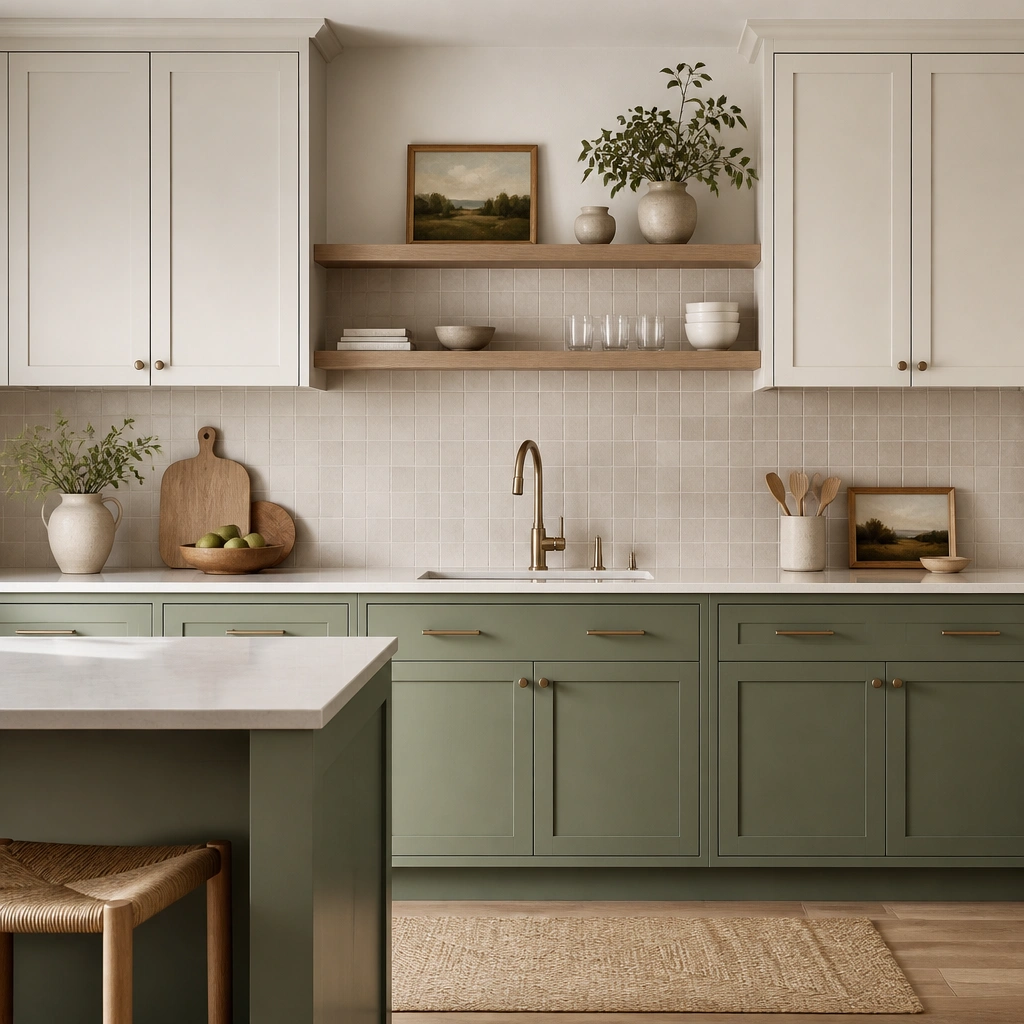 Upper cabinets painted a soft off-white while lower cabinets are sage green. The design includes long horizontal pulls on the lower doors, open shelving above the sink, and a neutral backsplash in warm beige.
