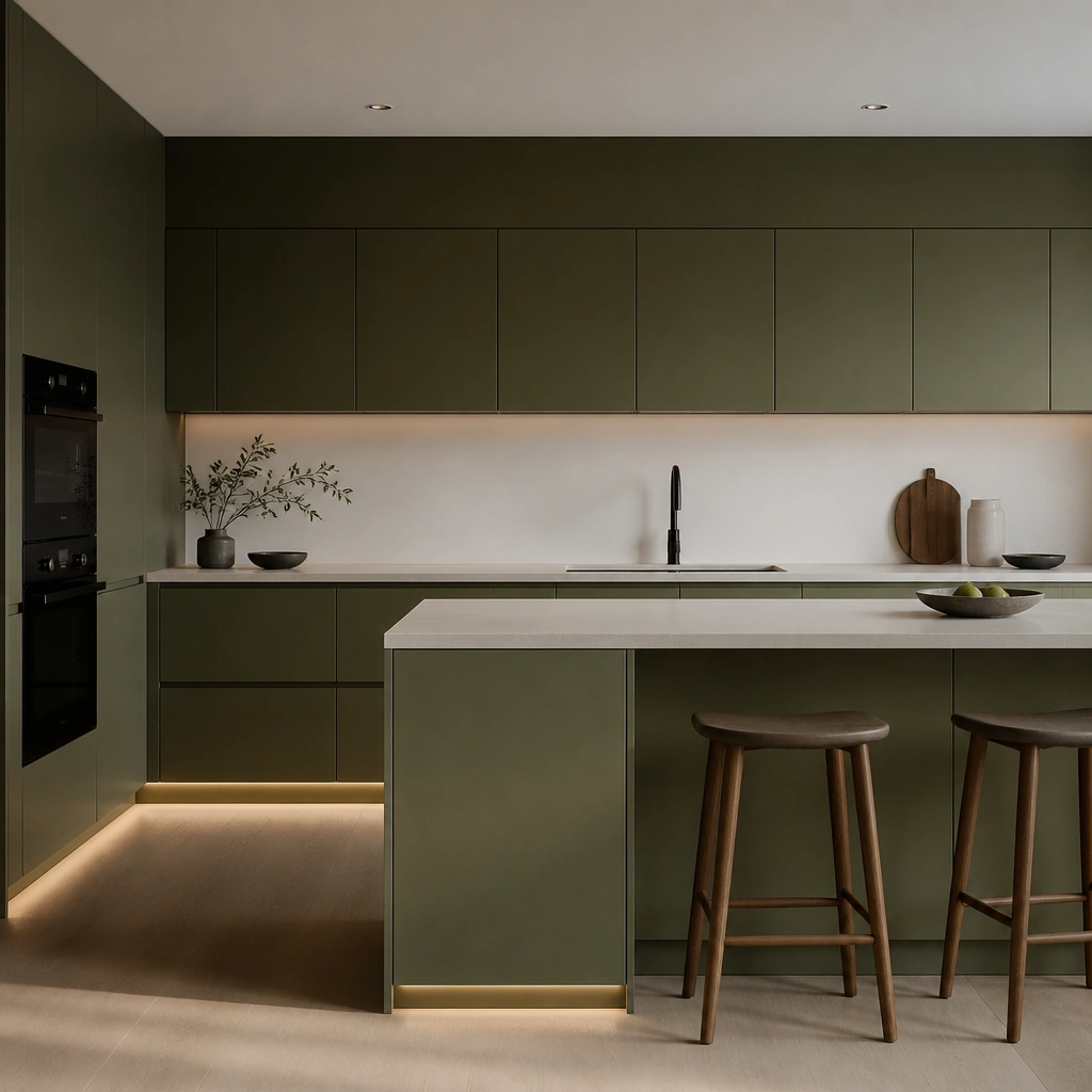 Olive green flat-panel cabinets with no visible frames, paired with a recessed LED strip along the toe-kick. The backsplash is white and minimal, and the counter is a light stone with a smooth, matte finish.