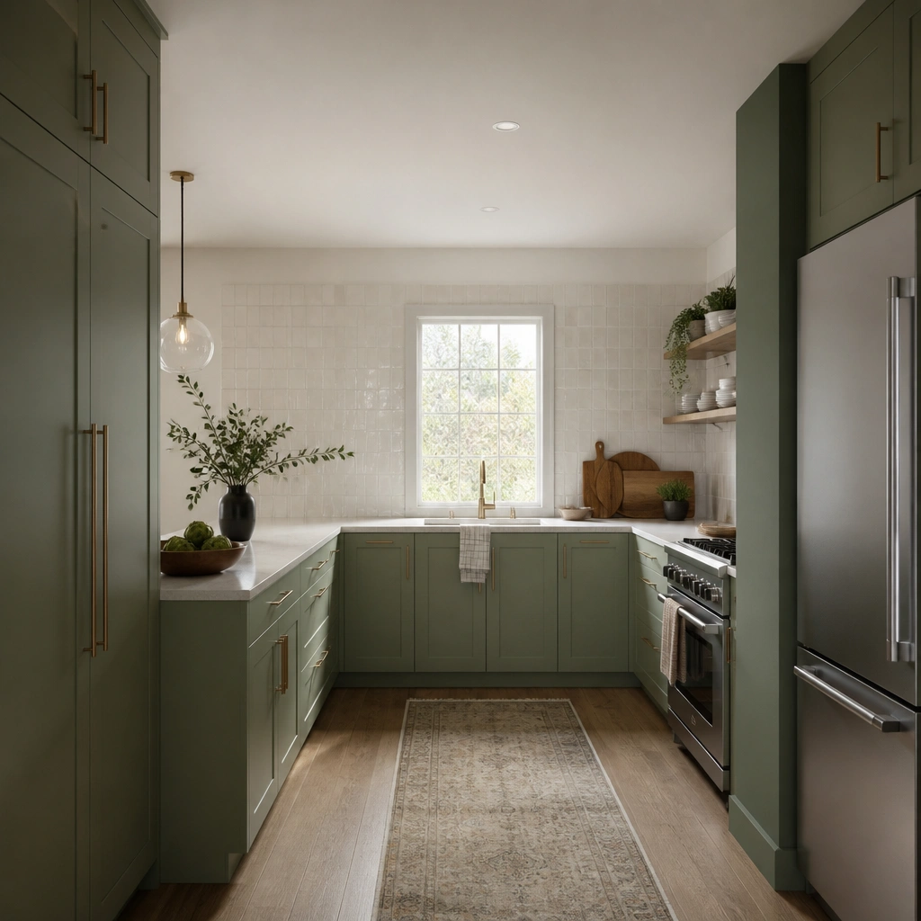 A U-shaped kitchen where base cabinets and tall pantry panels are painted a muted green. Slim vertical pulls run the length of each door, and there’s a matching green accent column near the fridge.