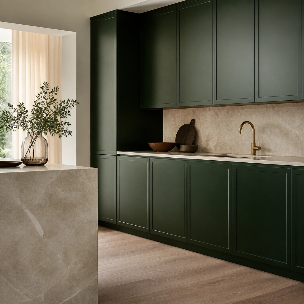 Satin emerald green cabinets with door edges featuring a subtle bevel. There are no knobs or pulls visible, and a waterfall edge island in light stone extends from the cabinetry line.