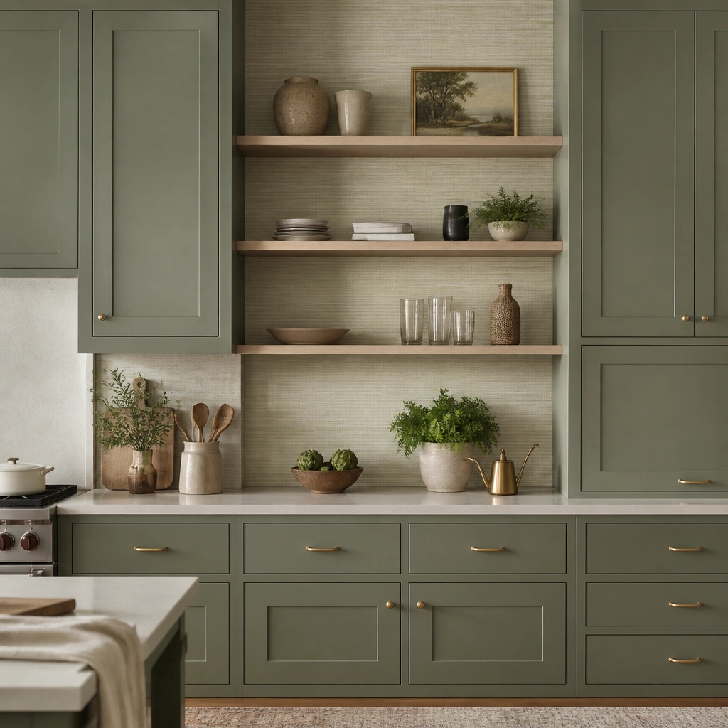 Sage green cabinets with small open shelves in between. Behind the open shelves is a subtle textured linear wallpaper in cream and pale green, while the rest of the cabinetry stays flat and simple.