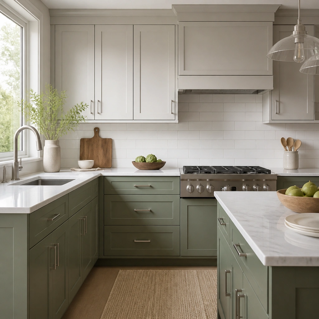 Lower cabinetry painted a muted green while upper cabinets are a light gray. The backsplash is white, the countertops are pale with gray veining, and the hardware is brushed nickel.