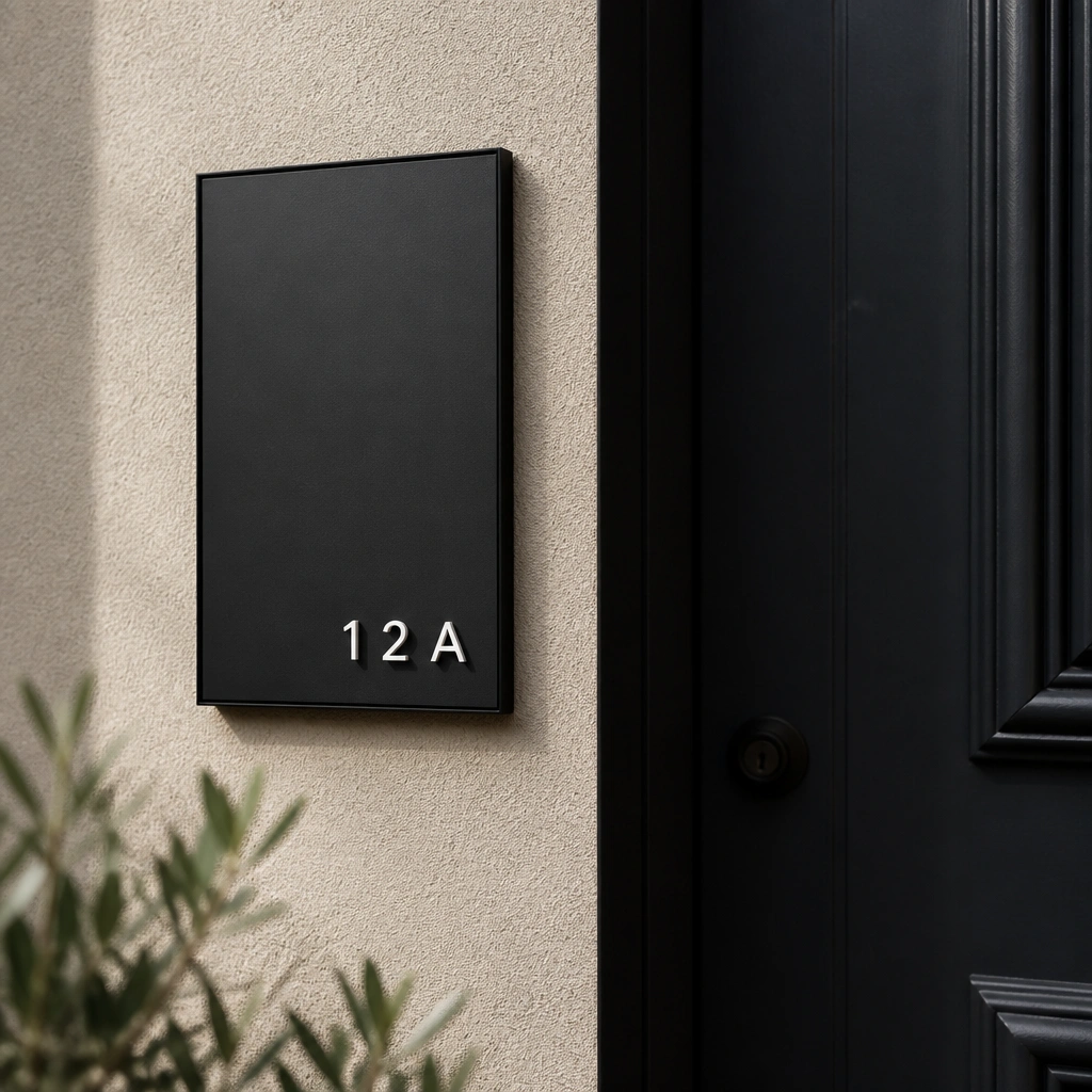 A matte black rectangular name plate mounted beside a dark front door, with small raised white letters casting subtle shadows.