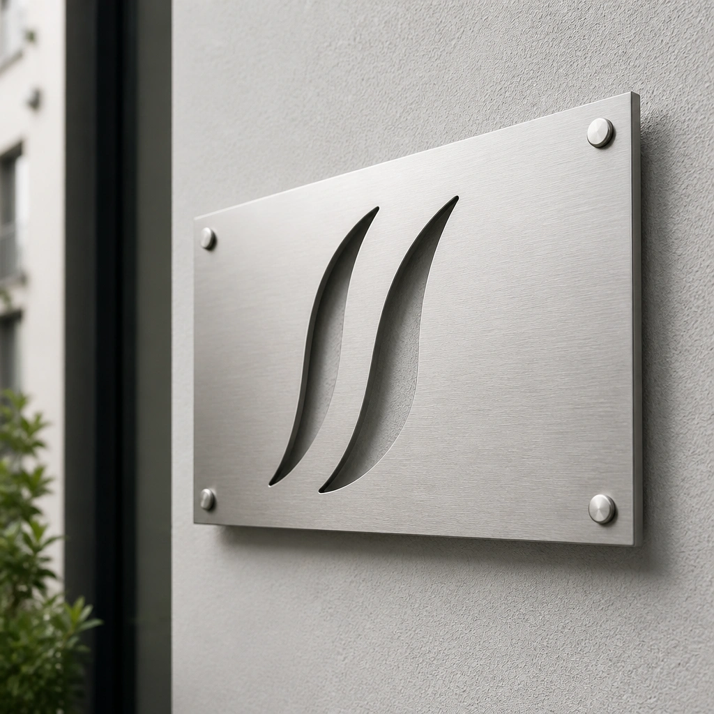 A brushed stainless steel name plate with transparent negative-space letters that reveal the wall behind, mounted on a light gray exterior wall.