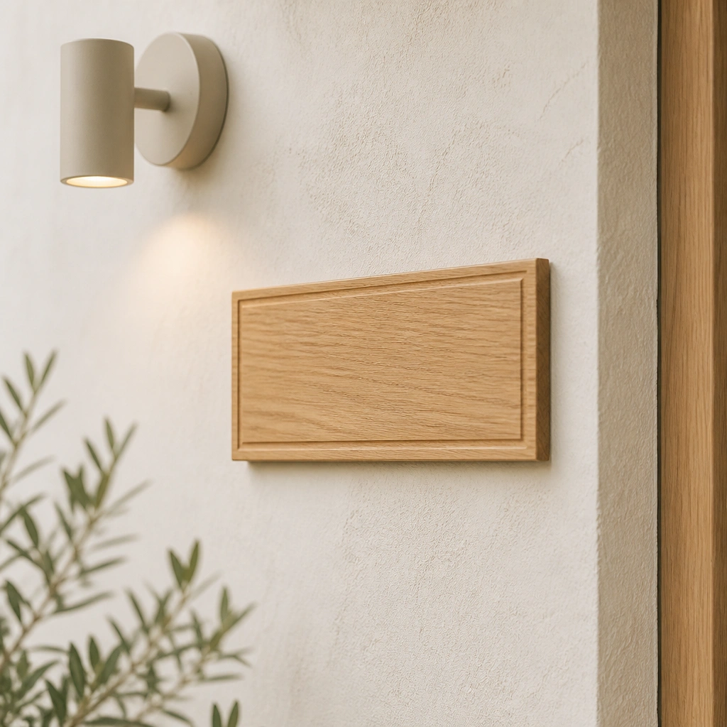 A light natural oak name plate with engraved letters, mounted on an off-white wall near a simple light fixture.