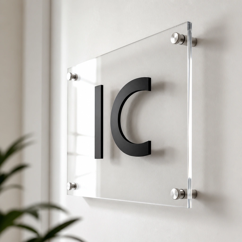 A clear acrylic rectangle mounted with standoffs, showing crisp black letters floating in front of a white wall.
