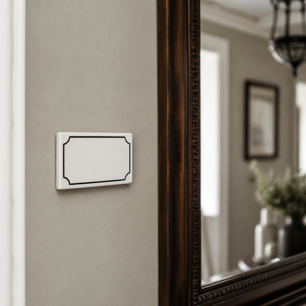 A small white ceramic tile name plate with a thin black outline and black lettering, placed on a hallway wall next to a framed mirror.