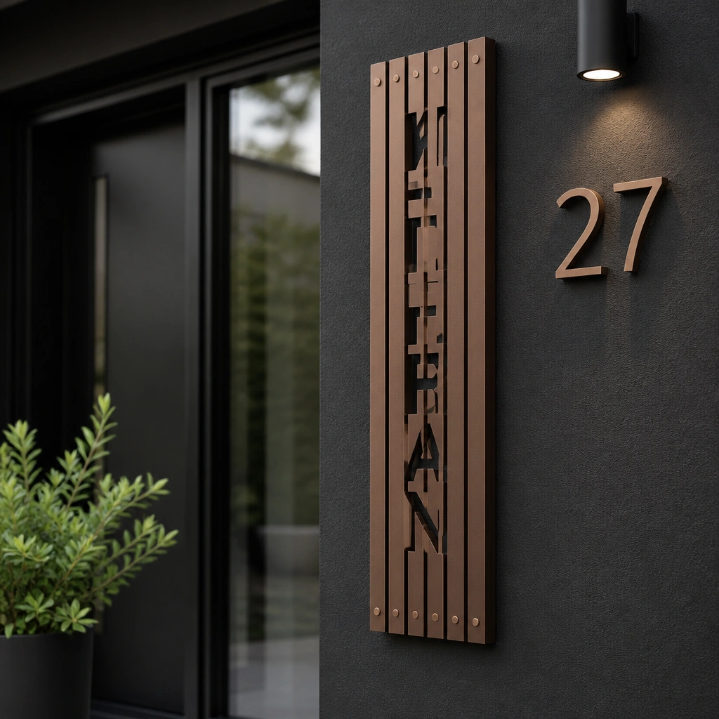 A vertical name plate made of powder-coated aluminum slats with cutout letters, mounted next to a modern house number on a black accent wall.