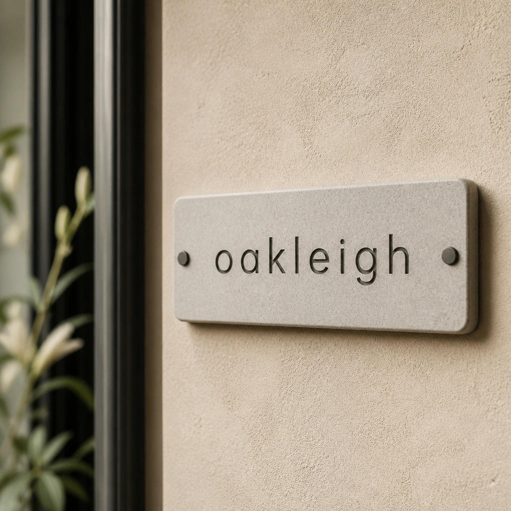 A stone-effect composite name plate with simple lowercase lettering in dark gray, mounted on a beige exterior wall.