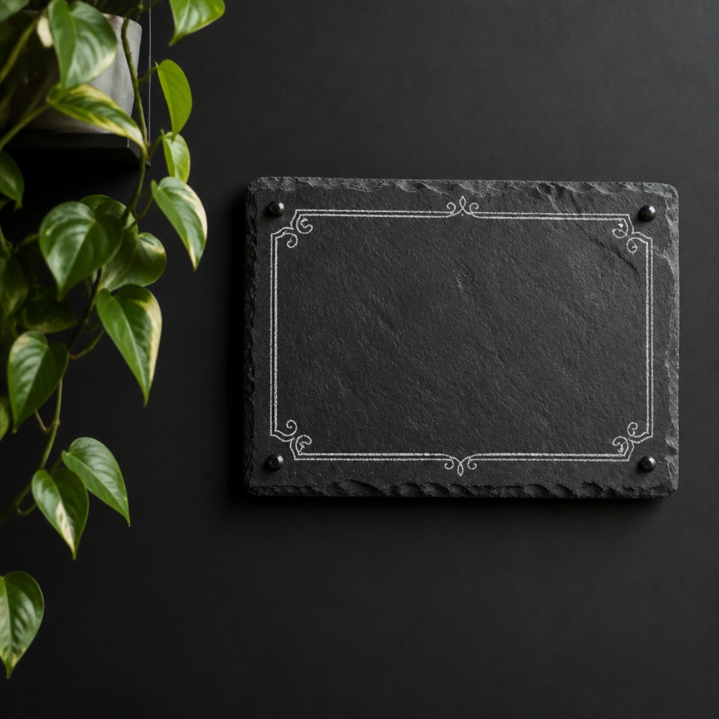 A textured black slate name plate with white chalk-like lettering, mounted near an indoor plant on a matte black wall.