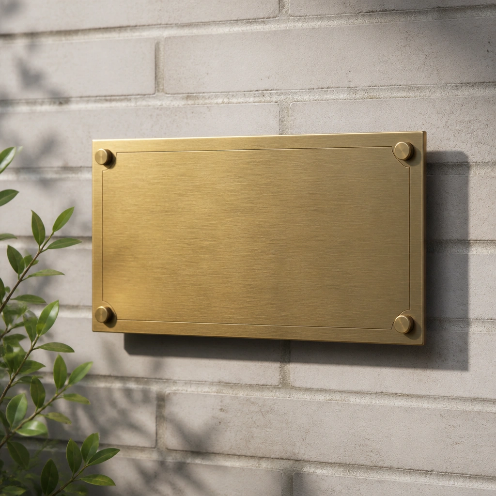 A brass name plate mounted with four standoffs, casting a shadow on light gray brick, with engraved letters in the center.