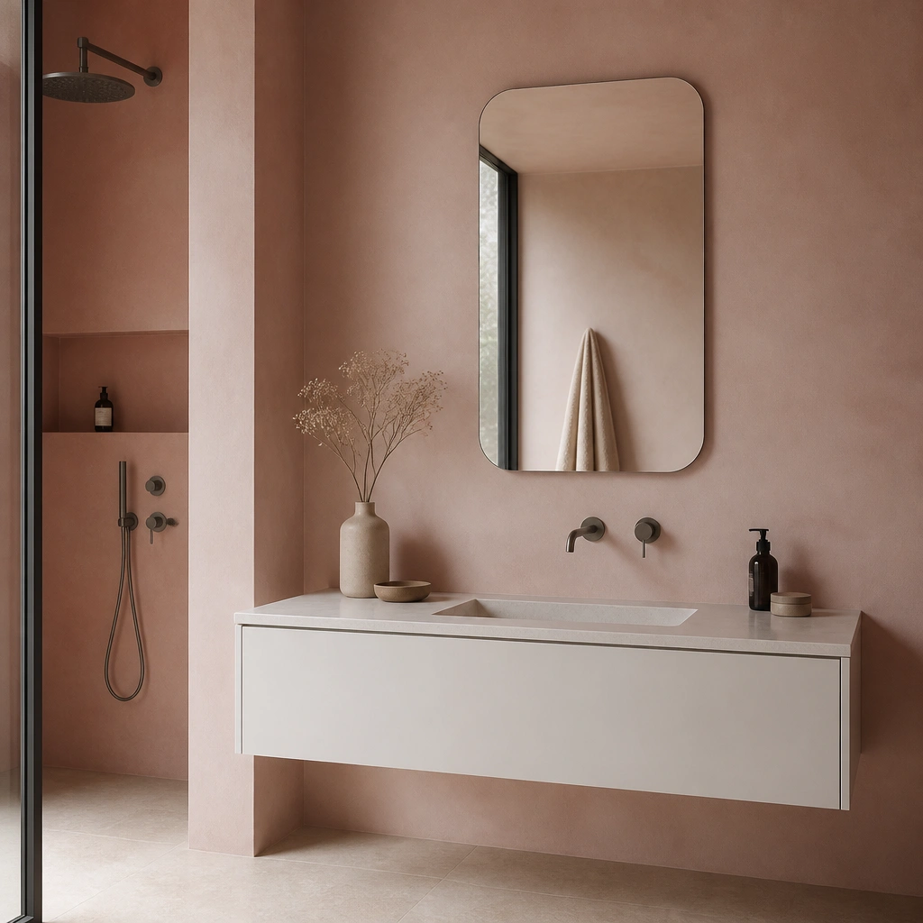 A modern bathroom with blush microcement walls, a floating matte white vanity, a slim chrome-free faucet, and a frameless mirror above a single drawer.