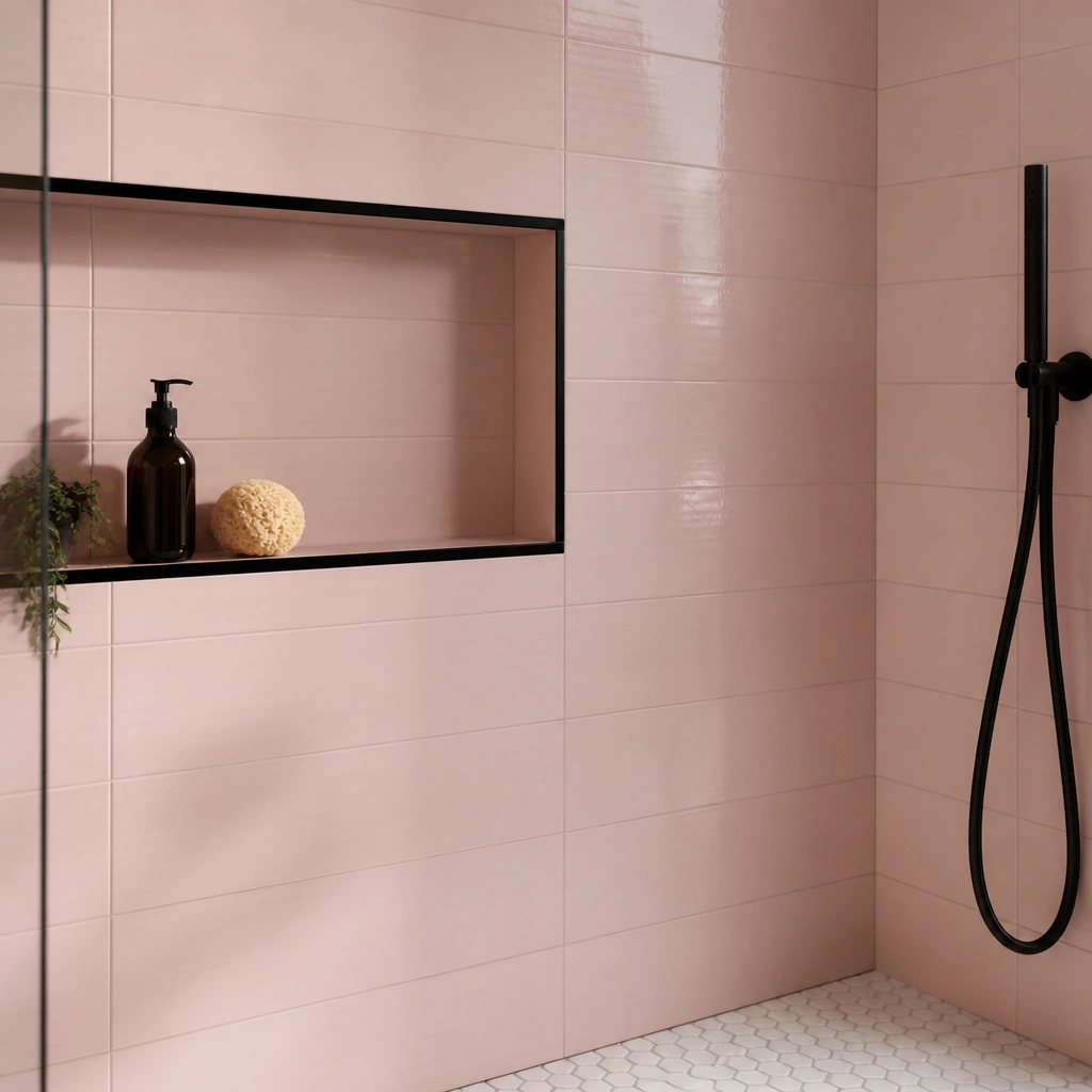 Close-up view of powder pink subway tiles on the shower wall, laid with minimal grout lines, paired with a thin black niche and a white floor tile.