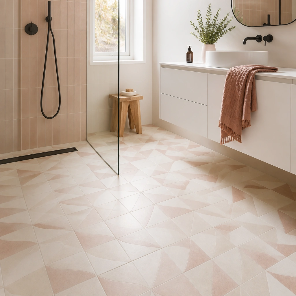 Bathroom floor with warm white and blush-toned geometric tiles, a matte black linear drain, and a simple white vanity with a soft pink accent towel.