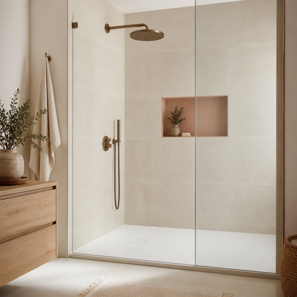 A walk-in shower with frameless glass, a recessed blush niche in the tile, and a white shower base with a minimalist rainfall showerhead.