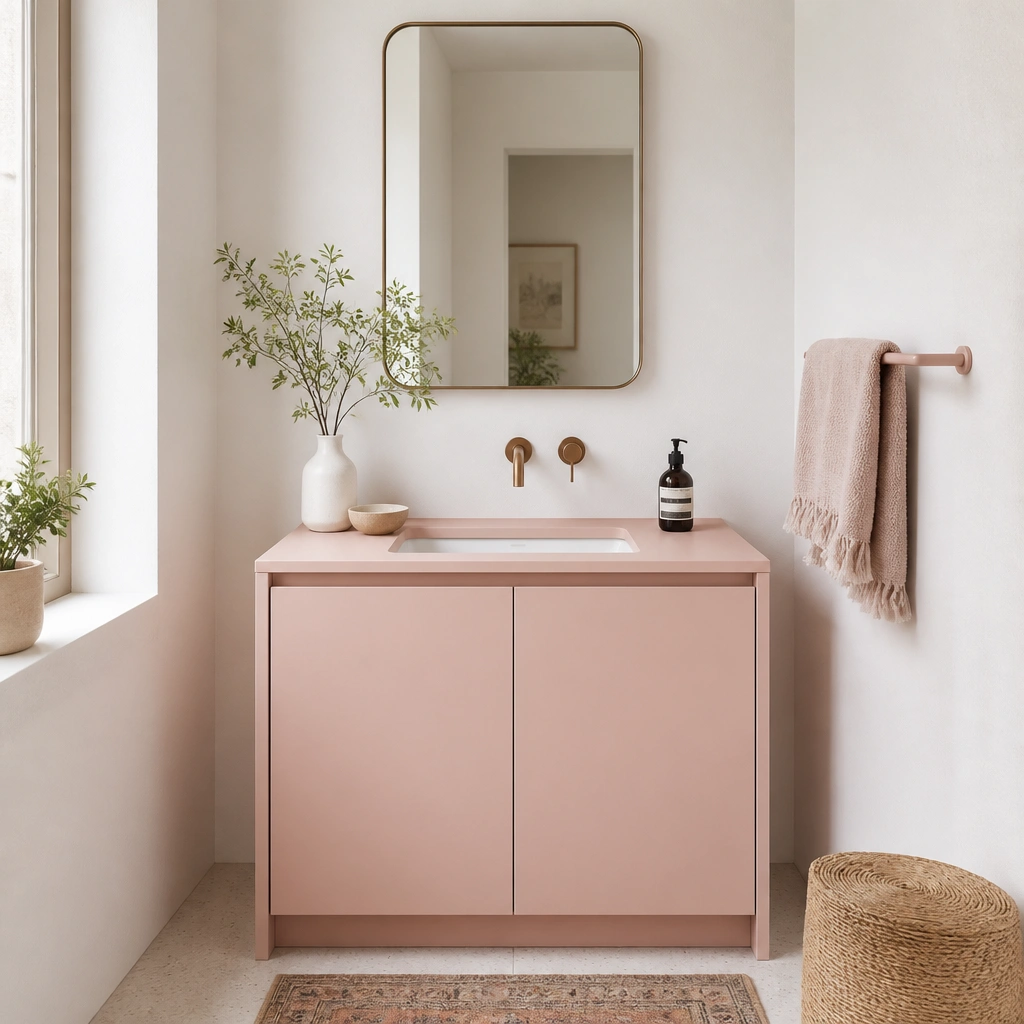 A compact blush vanity with flat-front doors, a single undermount sink, and a matching blush towel bar, paired with white walls and a simple wall-mounted mirror.
