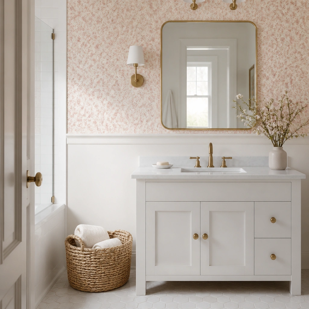 Bathroom with a half-height wallpaper band in blush micro-florals, white painted lower walls, a clean white vanity, and a simple brass mirror frame.