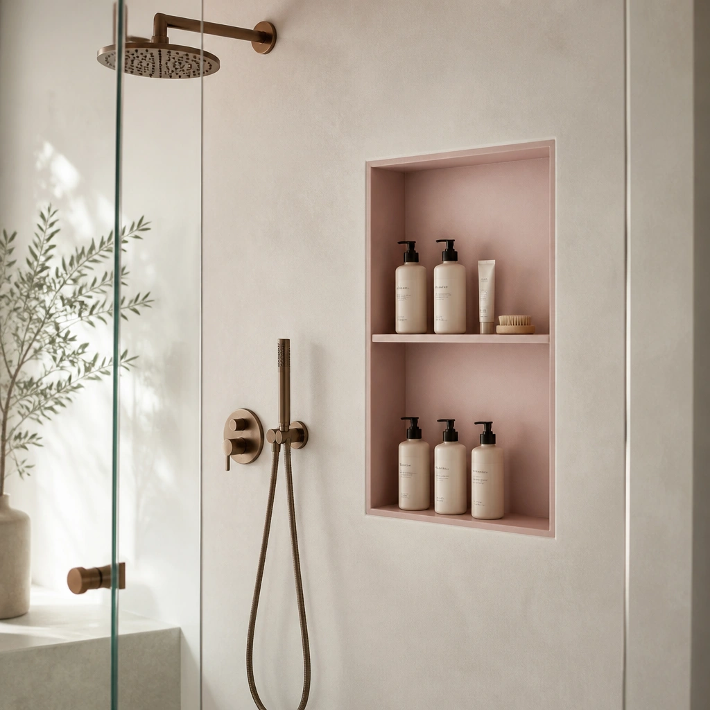 A minimalist shower corner with a wall-mounted recessed caddy in a blush tone, frameless glass, and neatly stored bottles with matching labels.