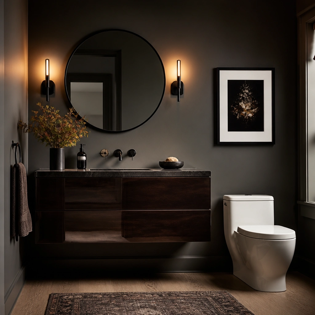 A small half bathroom with an espresso brown floating vanity, a round black mirror, and a black wall sconce on each side. The walls are painted a deep warm charcoal, and a black framed artwork sits above the toilet. Warm amber light makes the vanity look glossy and rich.