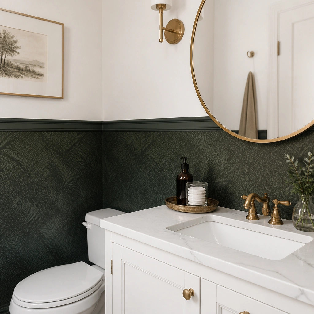 A half bathroom with deep forest green wallpaper covering the lower half of the wall. The upper half is crisp off-white. A white marble-look countertop sits on a simple white vanity, and a large oval brass-framed mirror hangs above. A small tray with a dark bottle and cotton rounds sits on the counter.