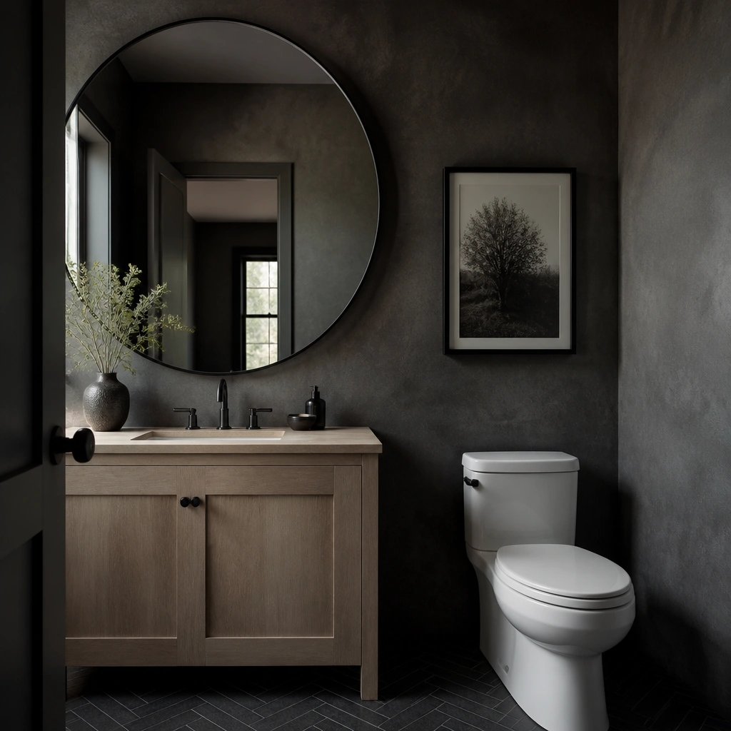 A moody half bathroom with charcoal textured plaster paint on all walls. An oversized round mirror with a thin black frame dominates the space. The vanity is a simple light wood or pale oak, and the floor is a dark herringbone tile. A black framed print hangs near the toilet.