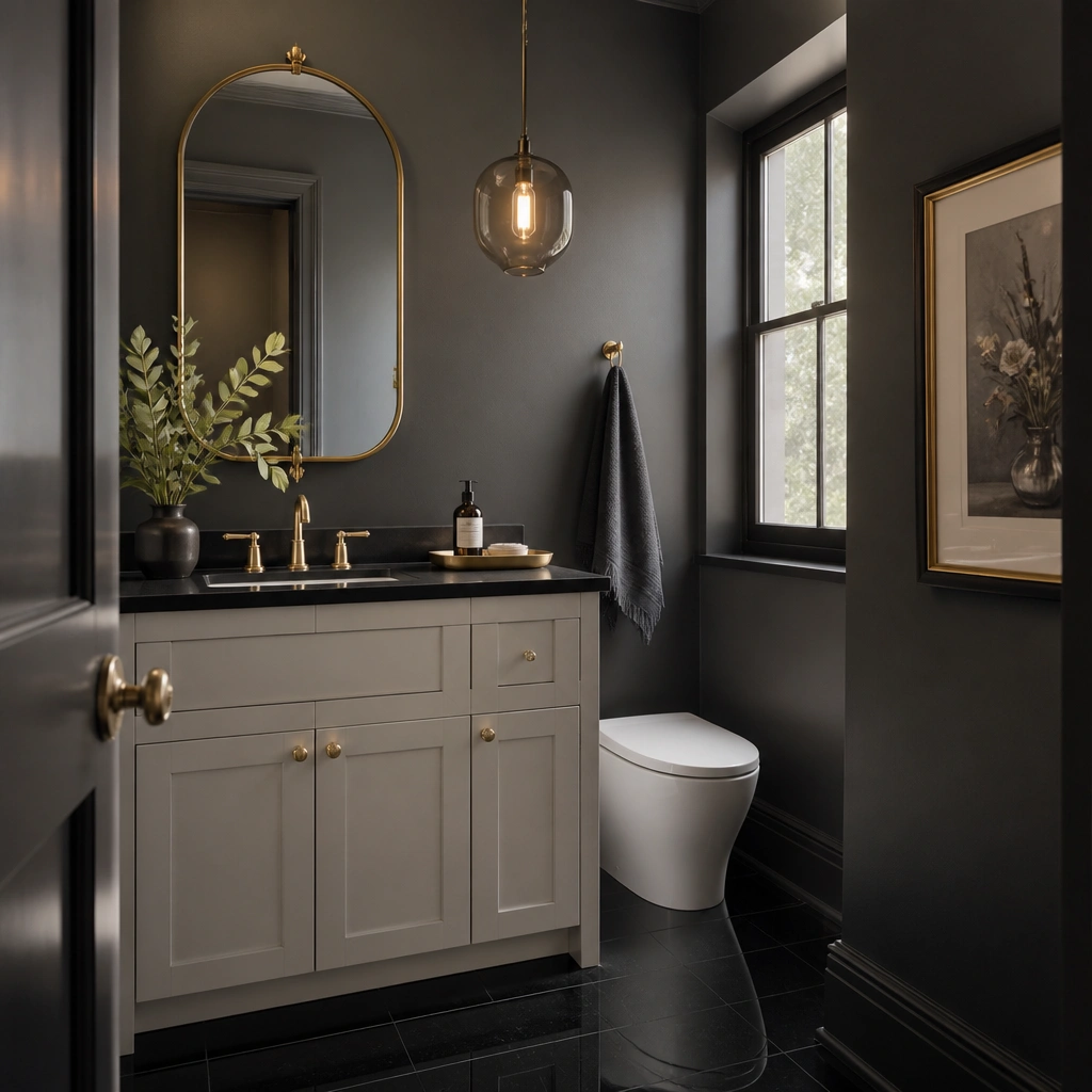 A half bathroom with glossy black floor tile and dark charcoal walls. A smoky glass pendant hangs centered near the vanity area. The vanity has a dark top and light cabinetry. Gold accents appear in the faucet, mirror frame details, and a small brass tray on the counter.